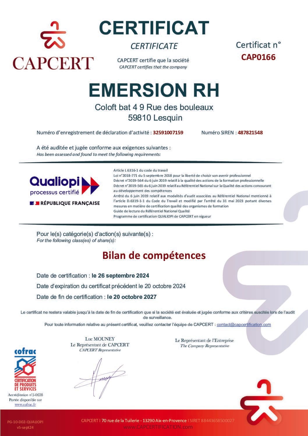 Certificat Qualiopi Emersion RH